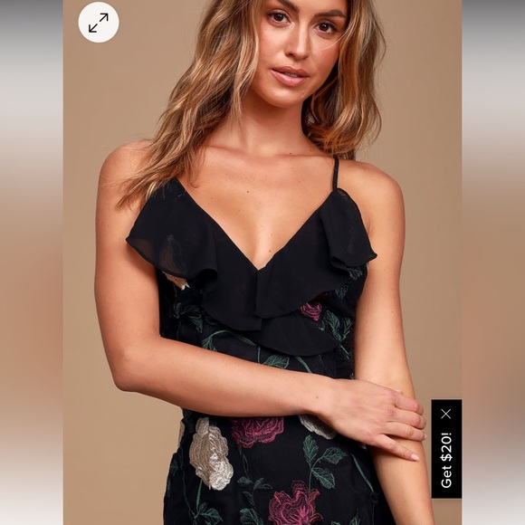 LuLus True to Heart Black Floral Embroidered Maxi Dress Rose ruffle gown Small - Picture 5 of 15